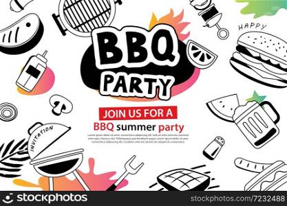 Summer BBQ party in doodles symbol and objects icon for background. Barbecue picnic invitation poster with hand drawn style. Use for labels, stickers, badges, poster, flyer, banner, illustration design.