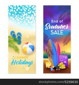 Summer Beach 2 Vertical Banners . Tropical beach summer vacation holiday tours packages sale 2 colorful vertical advertisement banners set isolated vector illustration