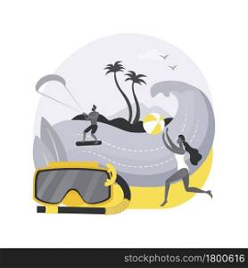 Summer beach activities abstract concept vector illustration. Beach club activities, family vacation, volleyball, jet ski rental, surfing and diving classes, lounge service abstract metaphor.. Summer beach activities abstract concept vector illustration.