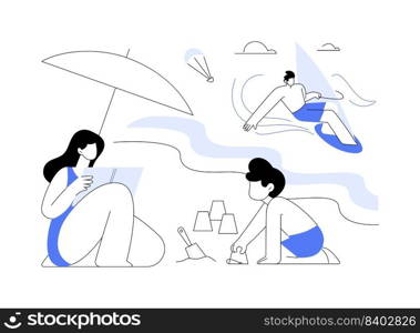 Summer beach activities abstract concept vector illustration. Beach club activities, family vacation, volleyball, jet ski rental, surfing and diving classes, lounge service abstract metaphor.. Summer beach activities abstract concept vector illustration.