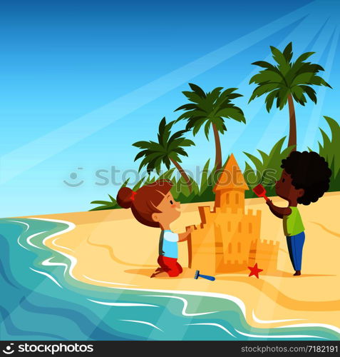Summer beach and funny happy kids playing with sand castles. Sandcastle building, activity game vector illustration. Summer beach and funny happy kids playing with sand castles