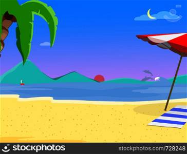 Summer Beach Background, Evening Time Landscape of Exotic Seaside at Dusk Sundown , Resort Coast Seascape with Palm Tree, Dolphin, Sailing Ship and Sandy Shore Cartoon Flat Vector Illustration, Banner. Summer Beach Background and Evening Time Landscape