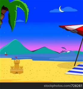 Summer Beach Background, Evening Time Landscape of Exotic Seaside at Dusk Sundown , Resort Coast Seascape with Palm Tree, Dolphin, Sailing Ship and Sandy Castle Cartoon Flat Vector Illustration Banner. Summer Beach Background and Evening Time Landscape
