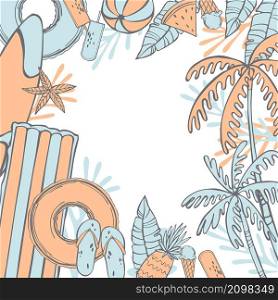 Summer beach background. Items for swimming on the water. Vector sketch illustration.. Summer beach background.