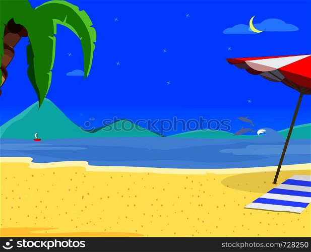 Summer Beach Background, Night Time Landscape of Exotic Seaside at Nighttime, Resort Coast Seascape with Palm Tree, Dolphins, Sailing Ship and Sandy Shore Cartoon Flat Vector Illustration, Banner. Summer Beach Background and Night Time Landscape