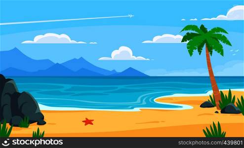 Summer beach background. Sandy seashore, sea coast with palm tree and vocation seaside travel. Heaven island, tropical ocean paradise view. Vector cartoon backdrop illustration. Summer beach background. Sandy seashore, sea coast with palm tree and vocation seaside travel vector cartoon backdrop illustration