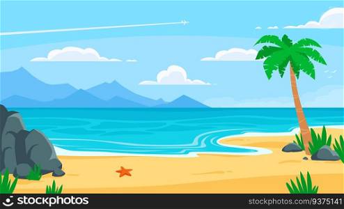Summer beach background. Sandy seashore, sea coast with palm tree and vocation seaside travel. Heaven island, tropical ocean paradise view. Vector cartoon backdrop illustration. Summer beach background. Sandy seashore, sea coast with palm tree and vocation seaside travel vector cartoon backdrop illustration