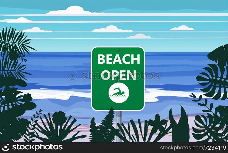 Summer beach banner Open. Seascape ocean shore tropical flora palms. Summer beach banner Open. Seascape ocean shore tropical flora palms. Opening season vacation. Vector illustration isolated