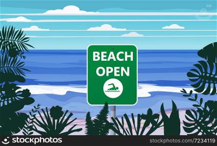 Summer beach banner Open. Seascape ocean shore tropical flora palms. Summer beach banner Open. Seascape ocean shore tropical flora palms. Opening season vacation. Vector illustration isolated