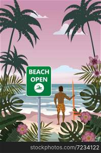 Summer beach banner Open surfer with surfboard. Seascape ocean shore tropical flora palms. Summer beach banner Open surfer with surfboard. Seascape ocean shore tropical flora palms. Opening season vacation. Vector illustration isolated