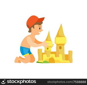 Summer beach, boy in swim trunks and cap building sand castle vector. Vacation and holiday on seaside, outdoor summer activity, isolated child or kid. Boy in Swim Trunks and Cap Building Sand Castle