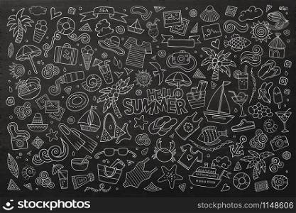 Summer beach chalkboard hand drawn vector symbols and objects. Summer nature symbols and objects