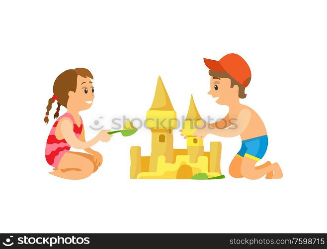 Summer beach, children building sand castle vector. Girl and boy in swimwear, vacation on seaside, construction with plastic scoops, isolated characters. Children Building Sand Castle, Beach Activity