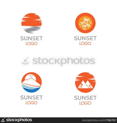 summer beach coast island, sea ocean with birds and summer sun rays logo design inspiration