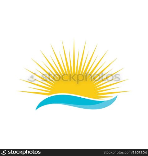 summer beach coast island, sea ocean with birds and summer sun rays logo design inspiration