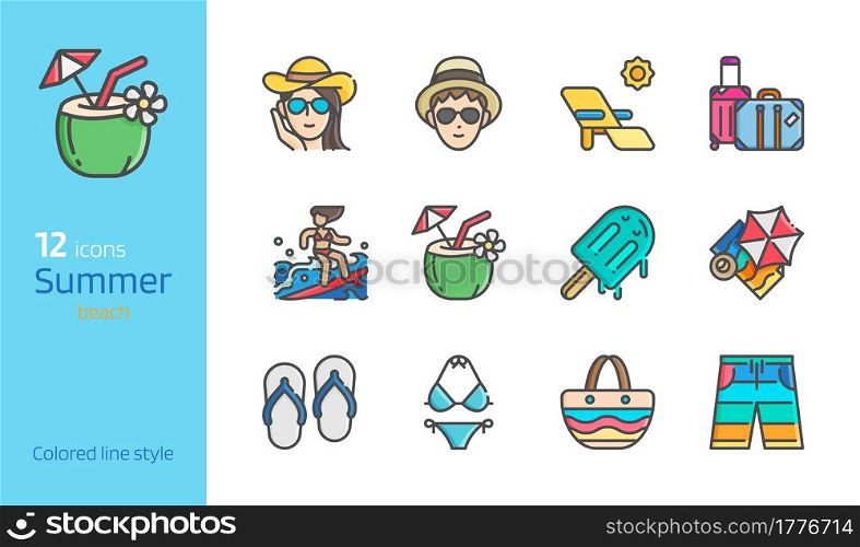 Summer beach colored line detailed icon set vector illustration.