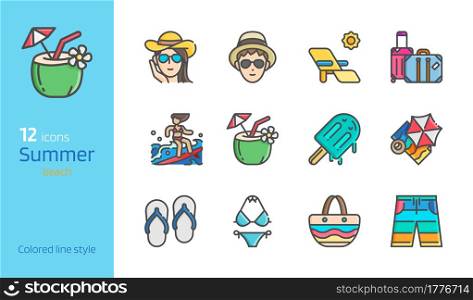 Summer beach colored line detailed icon set vector illustration.