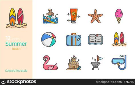 Summer beach colored line icon set vector illustration