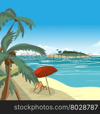 Summer beach concept background with space for text. Sea landscape summer beach, palms, island, sun umbrellas, beach beds. Vector cartoon flat illustration.