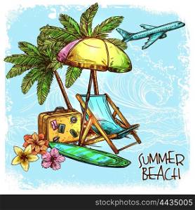 Summer Beach Concept. Summer beach concept with sketch palm sunbed and sunshade vector illustration