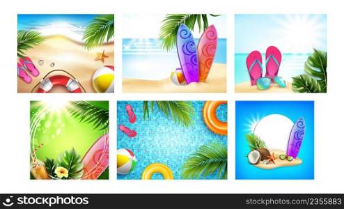 Summer Beach Creative Promotion Posters Set Vector. Surfer Board For Surfing On Ocean Waves And Sunglasses, Summer Beach Accessories Advertising Banners. Style Concept Template Illustrations. Summer Beach Creative Promotion Posters Set Vector