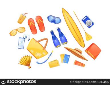Summer beach essentials flat color vector objects set. Swimming fins. Surfing board. Travel equipment. Seaside journey checklist 2D isolated cartoon illustration on white background. Summer beach essentials flat color vector objects set