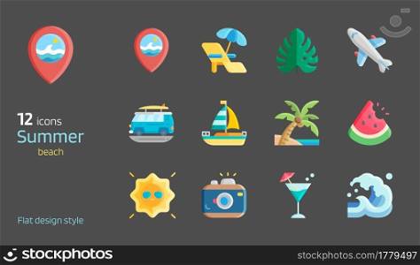 Summer beach flat design icon set vector illustration.