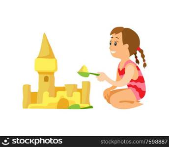 Summer beach, girl building sand castle with scoop vector. Child or kid in swimsuit on seaside, vacation and holiday near sea isolated female character. Girl Building Sand Castle with Scoop, Summer Beach