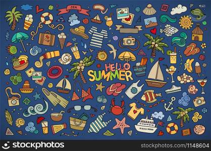 Summer beach hand drawn vector symbols and objects. Summer beach symbols and objects