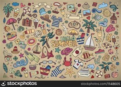 Summer beach hand drawn vector symbols and objects. Summer beach symbols and objects