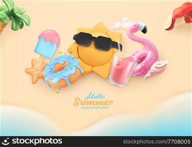 Summer, beach holiday background. 3d vector realistic illustration. Sea, sun, donut, ice cream, cocktail, flamingo objects