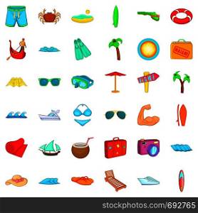 Summer beach icons set. Cartoon style of 36 summer beach vector icons for web isolated on white background. Summer beach icons set, cartoon style