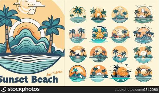 Summer beach island with palm trees in the ocean. Vector emblem of travel, holiday, resort. Vector Logo collection. Summer beach island with palm trees in the ocean. Vector emblem of travel, holiday, resort. Vector Logo collection.
