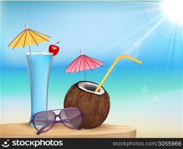 summer beach juice, glasses with young coconut