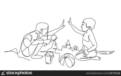 Summer beach kids playing sand in contouring line art vector. One line drawing style isolated on white background.