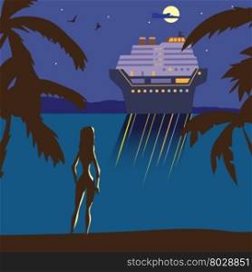 Summer beach landscape at night. Silhouette of a girl on the beach, lights of a cruise ship in the distance, in the moonlight. Relax on the beach during summer vacation. Vector flat illustration.