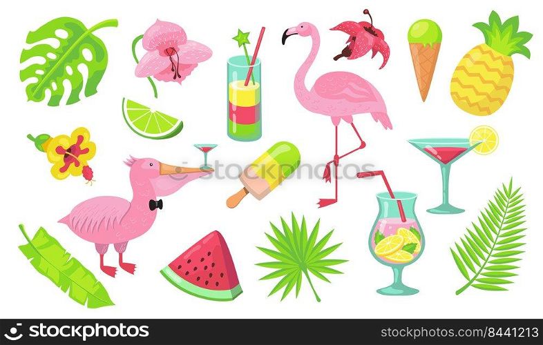 Summer beach party elements set. Tropical cocktails, Caribbean pink flamingo, Hawaiian fruits, food and palm leaves. Vector illustration for vacation in Bali, holidays, paradise concept