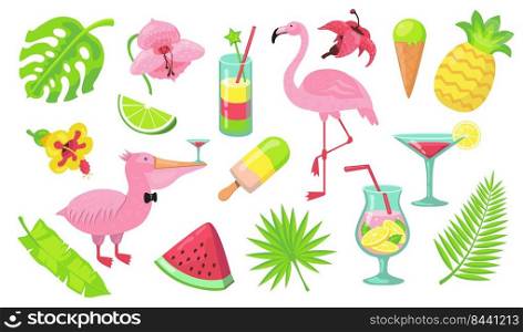 Summer beach party elements set. Tropical cocktails, Caribbean pink flamingo, Hawaiian fruits, food and palm leaves. Vector illustration for vacation in Bali, holidays, paradise concept