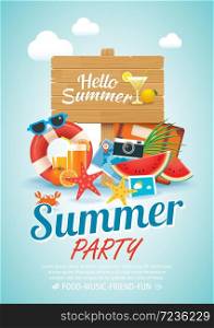 summer beach party invitation poster background elements and wooden sign in A4 size.