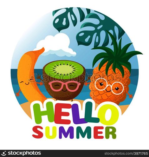 Summer beach party vector background with tropical funny cute smiling tropical fruits. Hello summer and holiday, character pineapple and kiwi illustration. Summer beach party vector background with tropical funny cute smiling tropical fruits