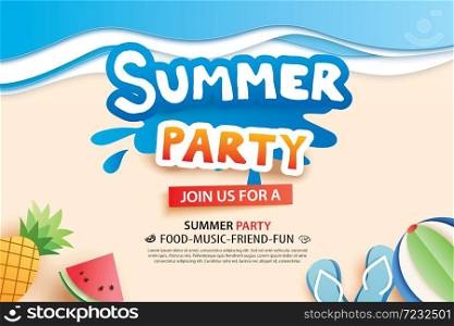 Summer beach party with paper cut symbol and icon for invitation background. Art and craft style. Use for ads, banner, poster, card, cover, stickers, badges, illustration design.