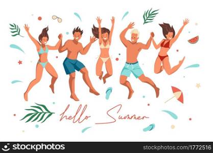 Summer beach people. Happy friends jumping. Cartoon cute characters standing together and holding hands. Young men and women in swimwear. Joyful persons having fun at seaside. Vector vacation banner. Summer beach people. Happy friends jumping. Cartoon characters standing together and holding hands. Young men and women in swimwear. Joyful persons having fun at seaside. Vector vacation