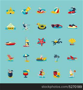 Summer Beach Retro Icons Background Set. Summer beach vacation symbols people and accessories retro icons collection on water blue background isolated vector illustration