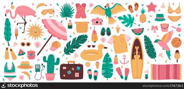 Summer beach symbols. Cute summer vacation elements, jungle leaves, drinks, fruits and swimwear. Beach summertime equipment vector illustration set. Cocktail and vacation, lemonade and watermelon. Summer beach symbols. Cute summer vacation elements, jungle leaves, drinks, fruits and swimwear. Beach summertime equipment vector illustration set