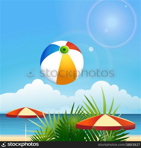 Summer beach theme. Flying ball against palm nrees and sun umbrellas.
