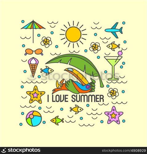 Summer, beach, Toucan, infographics. I love summer. A set of symbols and elements to print on t-shirts.