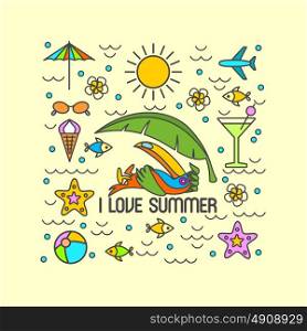 Summer, beach, Toucan, infographics. I love summer. A set of symbols and elements to print on t-shirts.