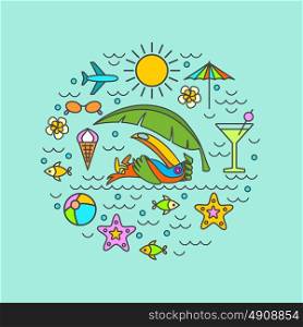 Summer, beach, Toucan, infographics on blue background. A set of symbols and elements to print on t-shirts.