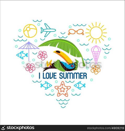 Summer, beach, Toucan, infographics. Set of elements for printing on t-shirts.