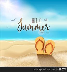 Summer beach travel design. Sum with sand and sandals.. Summer beach travel design. Sun with sand and sandals